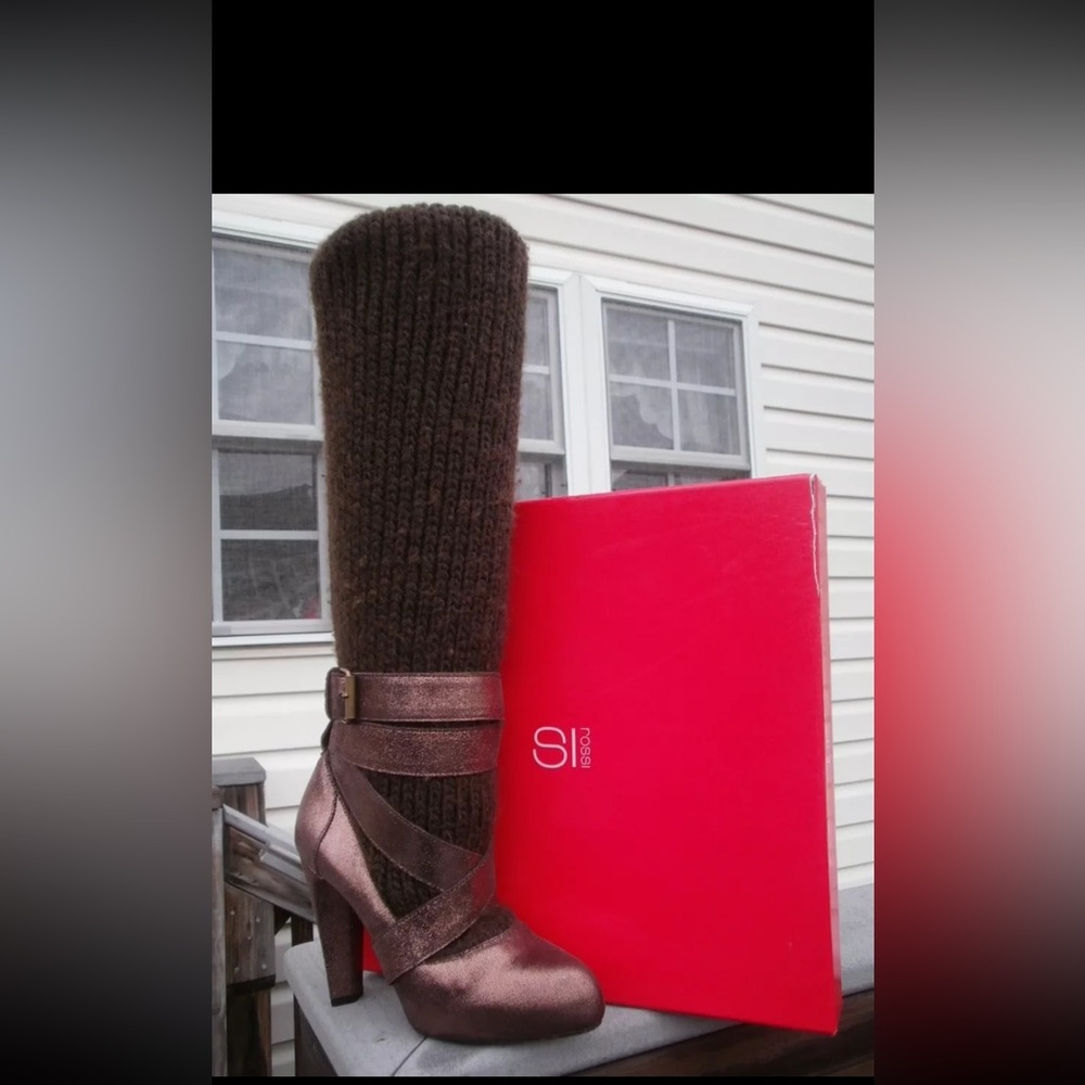 SERGIO ROSSI Leather & Knitted Shaft Boot, Sz. 5, EU 35, NIB